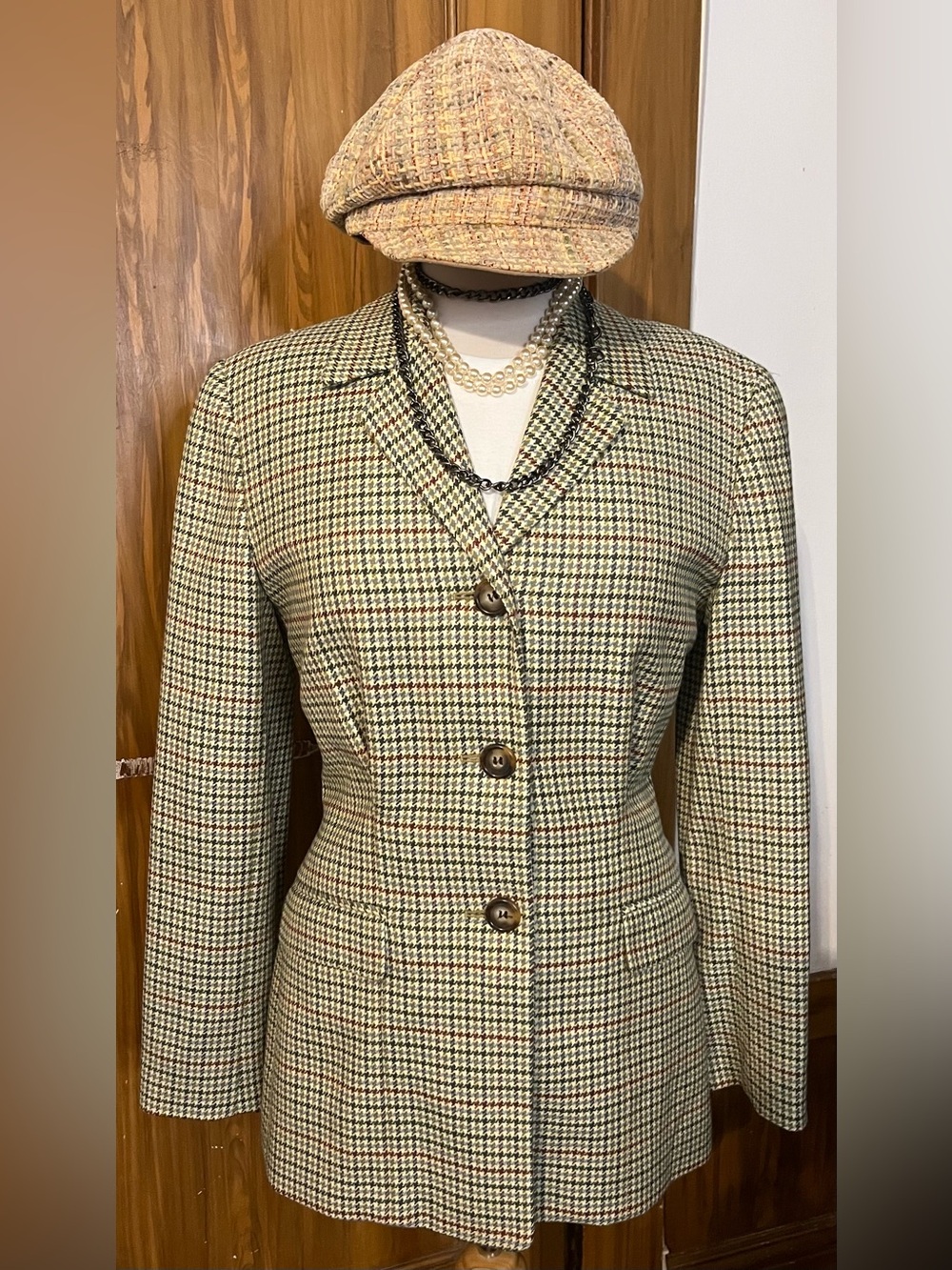 Ann Taylor Houndstooth Wool Blazer Jacket - Green, Brown, Cream